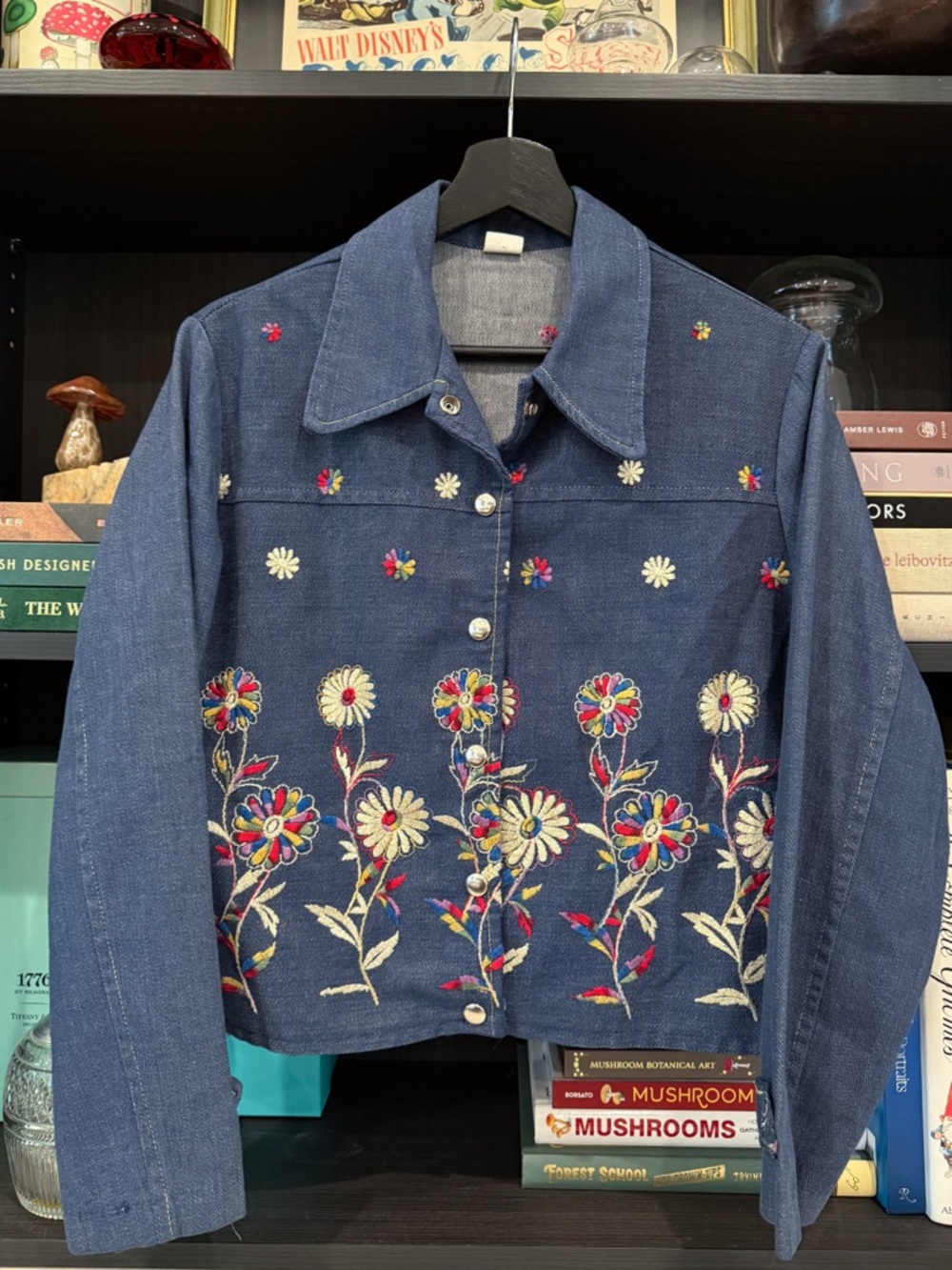 Vintage Embroidered Denim Jacket Cropped Floral Boho Western Jean Jacket Small